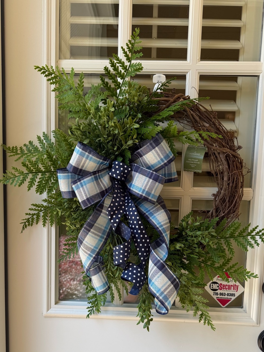 Blue Plaid and Navy Bow Greenery Wreath -